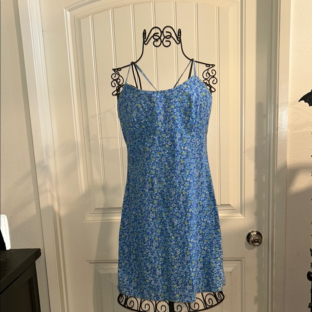 vintage Floral Blue Spaghetti Strap Dress